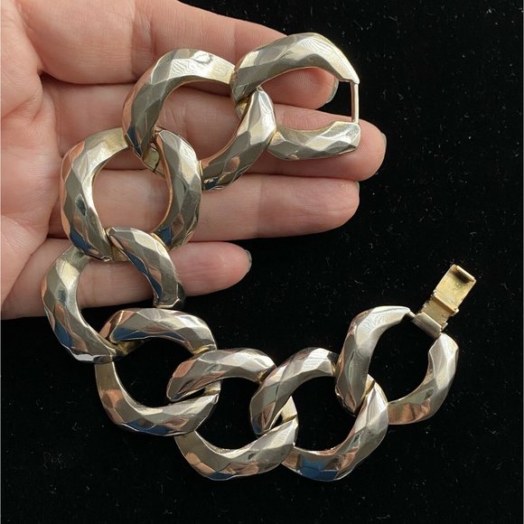 c1980’s Vintage Chunky Faceted Rings Light-Gold Tone Bracelet 8” - Picture 2 of 5